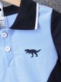 SHEIN Toddler Boys' Casual Color-block Dinosaur Pattern Polo Shirt And Shorts Set