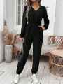 SHEIN Frenchy Women's Fashionable Black V-neck Long Sleeve Jumpsuit