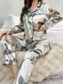 Women's Plant Printed Collar Imitated Silk Pajama Set