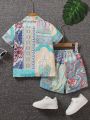SHEIN Kids SUNSHNE 2pcs/set Toddler Boys' Casual Shirt And Shorts, Cute Sporty Vacation Streetwear For Spring & Summer