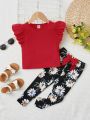 SHEIN Kids EVRYDAY Young Girl Casual Solid Short Sleeve Top And Floral Printed Pants Comfortable Outfit