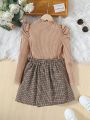 SHEIN Tween Girl Mock Neck Puff Sleeve Tee & Plaid Bow Front Asymmetrical Hem Skirt