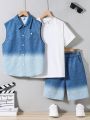 SHEIN Kids EVRYDAY Tween Boys' Casual Loose Fit Round Neck Solid Color T-Shirt+Denim Vest+Shorts Three-Piece Set