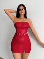 SHEIN SXY Women's Red Leather Strapless Thigh-high Slit Skirt Set