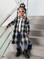 SHEIN Kids Cooltwn Young Girl Plaid & Letter Graphic Drop Shoulder Coat