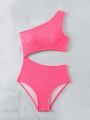 SHEIN Swim Vcay Women's One-piece Asymmetrical Neckline Pink Swimsuit