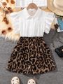 SHEIN Kids FANZEY Girls' Solid Color Flare Sleeve Blouse With Leopard Print Curled Shorts Two Piece Set