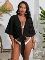 SHEIN Swim Basics Plus Solid Tie Front Crop Kimono