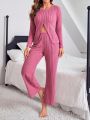 Ladies' Pure Color Ribbed Knitted Home Wear Set