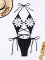 SHEIN Swim BAE Women's One Piece Swimsuit With Diamond Flower Decorative Halter Neck