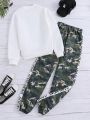 Teen Girls' Letter Printed Hoodie And Camouflage Pants Set