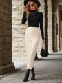 Button Front Ribbed Knit Split Hem Skirt