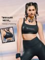 GLOWMODE Foiled Leather Effect Square Neck Y-back Sports Bra Stitch-Free Construction