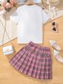 SHEIN Kids HYPEME Tween Girls' Lace Trim T-Shirt And Plaid Skirt Academy Style 2pcs/Set