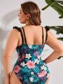 SHEIN Swim Vcay Plus Size Tropical Print Patchwork One-Piece Swimsuit