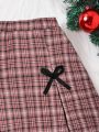SHEIN Kids CHARMNG Girls' Plaid Skirt With Bow Decoration For Big Kid