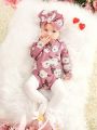 SHEIN Newborn Baby Girls' Floral Printed Long Sleeve Bodysuit With Ruffled Shoulder & Large Bow Headband Set