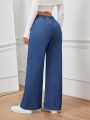 SHEIN Privé Women's Elastic Waist Wide Leg Denim Pants