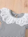 SHEIN 2pcs Baby Girls' Casual Wear Striped Top With Doll Collar & Basic Flared Trousers Spring/Summer Outfits