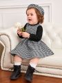 SHEIN Infant Girls' Romantic And Elegant Patchwork Gingham Dress With Hat