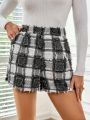 SHEIN Privé Plaid High Waisted Shorts With Fringe Trim