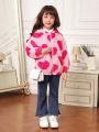 SHEIN Young Girl Heart Pattern Hooded Teddy Jacket Without Sweater