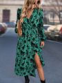 SHEIN LUNE Floral Print Lantern Sleeve Split Thigh Dress