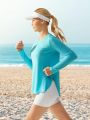 Women's Split Hem Sun Protection Long Sleeve T-shirt With Collar/light Blue