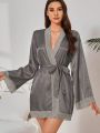 Women's Loose Fit Lace Patchwork Front Open Sleepwear Robe