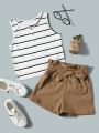 SHEIN Kids EVRYDAY Girls Striped Tank Top & Paperbag Waist Belted Shorts Set