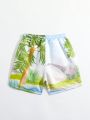 Boys' (Little Kid) Swimsuit Coconut Tree Print Beach Shorts With Drawstring Tie, Summer Beach Wear