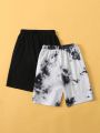 SHEIN 2pcs/Set Teen Boys' Casual Loose Fit Solid Color Shorts & Tie-Dyed Shorts