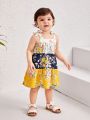 SHEIN Baby Girls' Casual Spliced Flower Pattern Sleeveless Dress With Straps