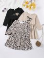 SHEIN Kids QTFun 3pcs/set Girls' Leopard Print Heart Patterned Long Sleeve Dress For Casual Wear, Autumn