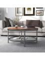 2-Tier Single Panel Round Coffee Table for Living Room and Bedroom, with 3D Texture Metal Frame and Mesh, Rustic Brown