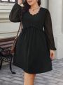 SHEIN Frenchy Plus Size Lantern Sleeve Dress With Mesh And Scalloped Edge