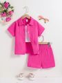 SHEIN Kids EVRYDAY 2pcs/Set Youth Girls' Double-Sided Plaid Shirt And Casual Shorts Outfit With Inner Camisole Top