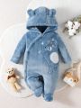 Baby Boy Cartoon Embroidery 3D Ears Design Hooded Footed Flannel Jumpsuit