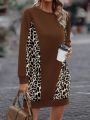 Leopard Patchwork Fleece Hooded Sweatshirt Dress