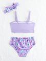 Young Girl Butterfly Pattern Printed Swimsuit Set With Hair Accessories