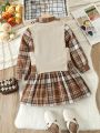 SHEIN Kids QTFun Girl'S Fake Tie Plaid Shirt Dress And V-Neck Vest Two-Piece Set