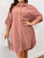 SHEIN Frenchy Plus Size Women's Striped Roll Sleeve Shirt Dress