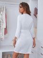 White Lace Trim Robe With Waist Belt