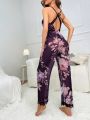 Floral Print Contrast Lace Cami Sleep Jumpsuit