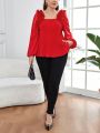 SHEIN Privé Plus Size Women's Elegant Ruffle Hem Pleated Red New Year Blouse