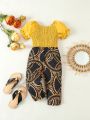 Baby Girl's Elegant Chain Pattern Patchwork Shirred Puff Sleeve Jumpsuit Pantsuit For Summer