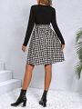 SHEIN LUNE Women'S Houndstooth Patchwork Long Sleeve Dress