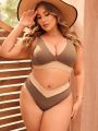 SHEIN Swim Basics Plus Size Colorblocked Ribbed Swimsuit Set