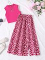 Teen Girl Solid Color Vest And Printed Knee-Length Skirt 2pcs/Set