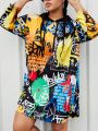 SHEIN Coolane Plus Size Women's Digital Printed Hooded Dress